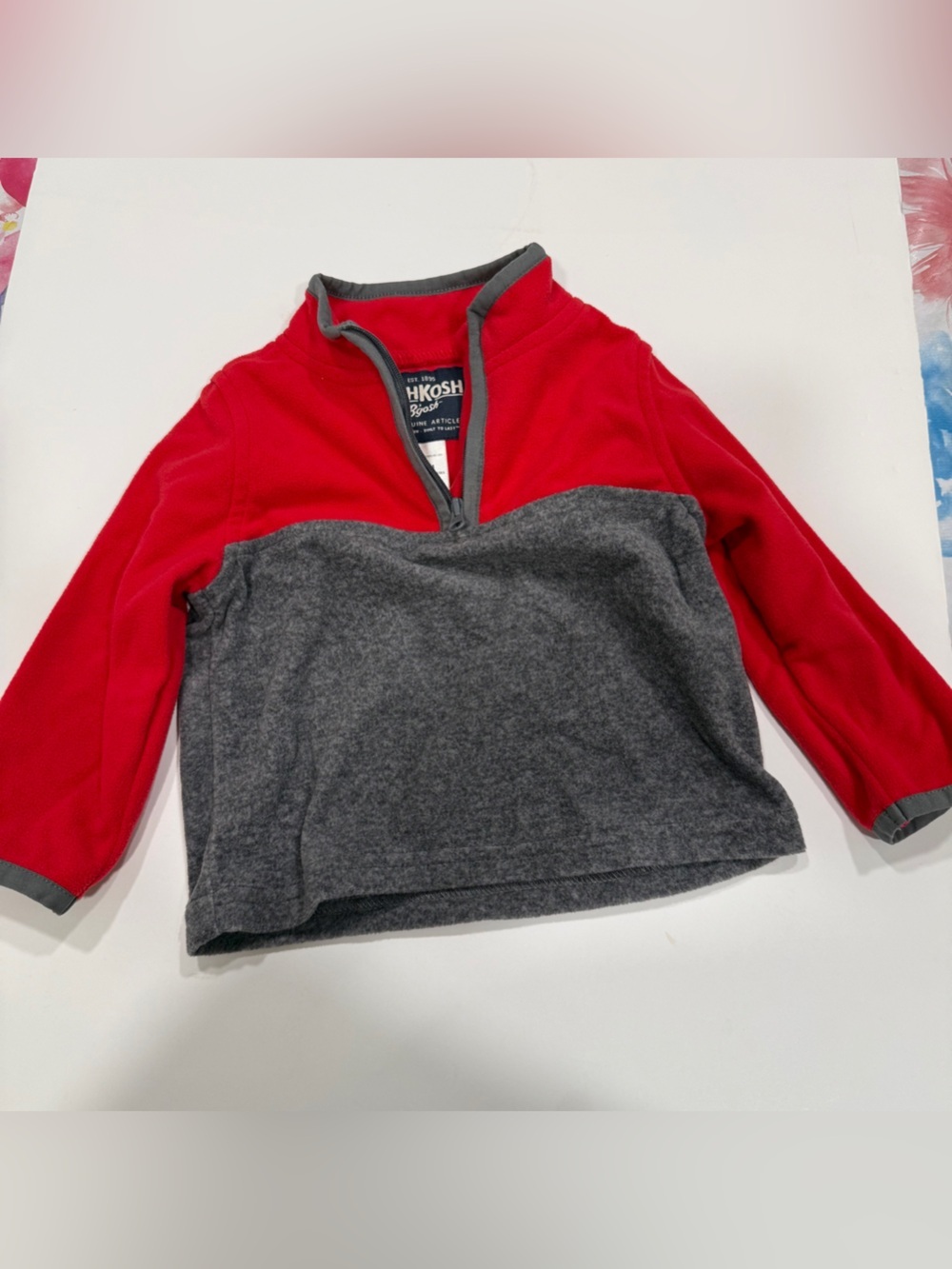 Oshkosh pullover, lightweight fleece sweatshirt, size 9 to 12 months, red & gray